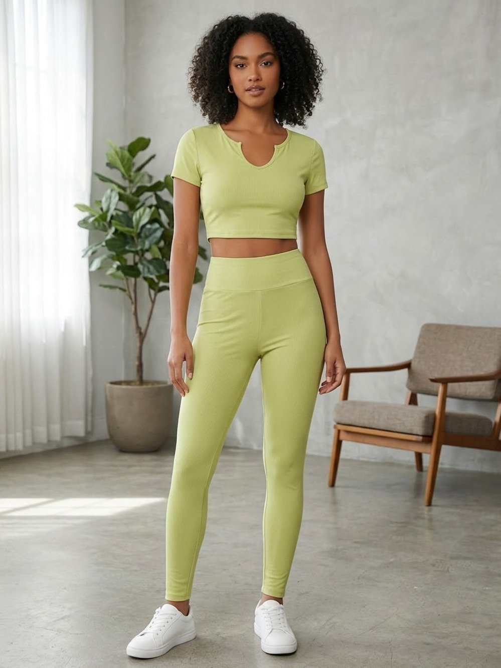 SHEIN Lime Green Ribbed Cropped Top & High-Waist Leggings Set